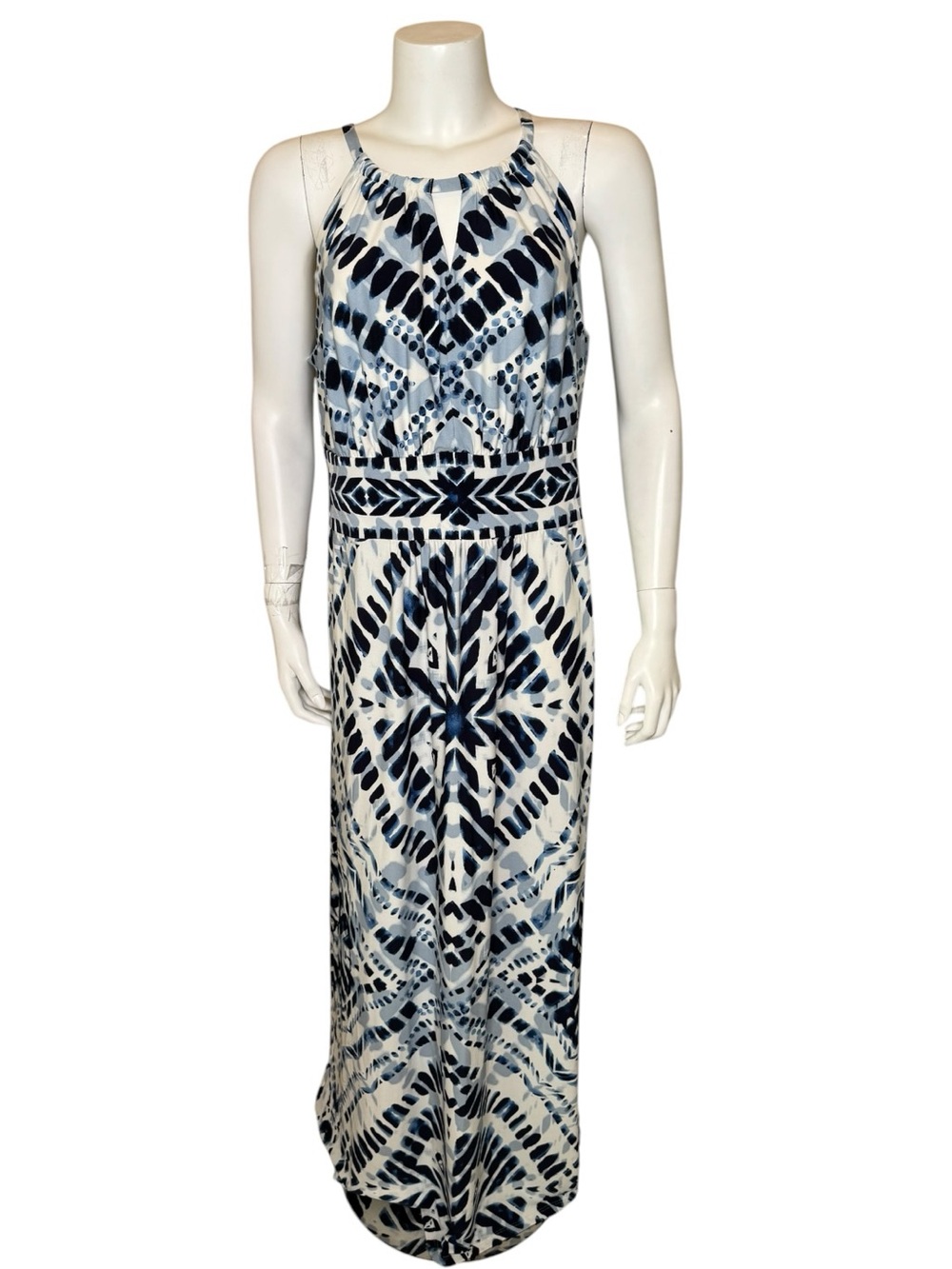 Chico’s Blue Diamond Tie-Dye Maxi Dress XL Size 3 Halter Sleeveless Jersey Knit